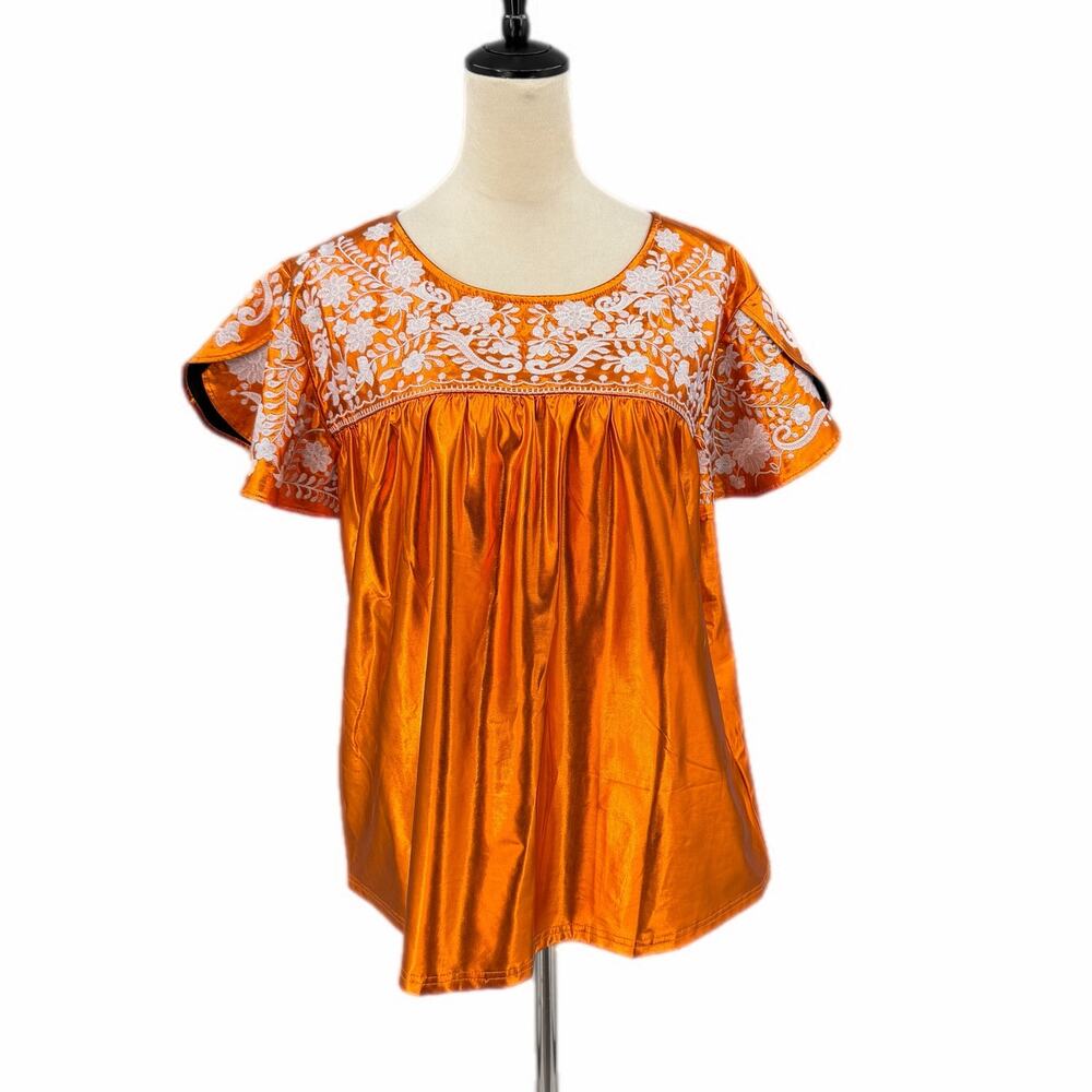 Embroidered Flutter Sleeve Blouse in Orange